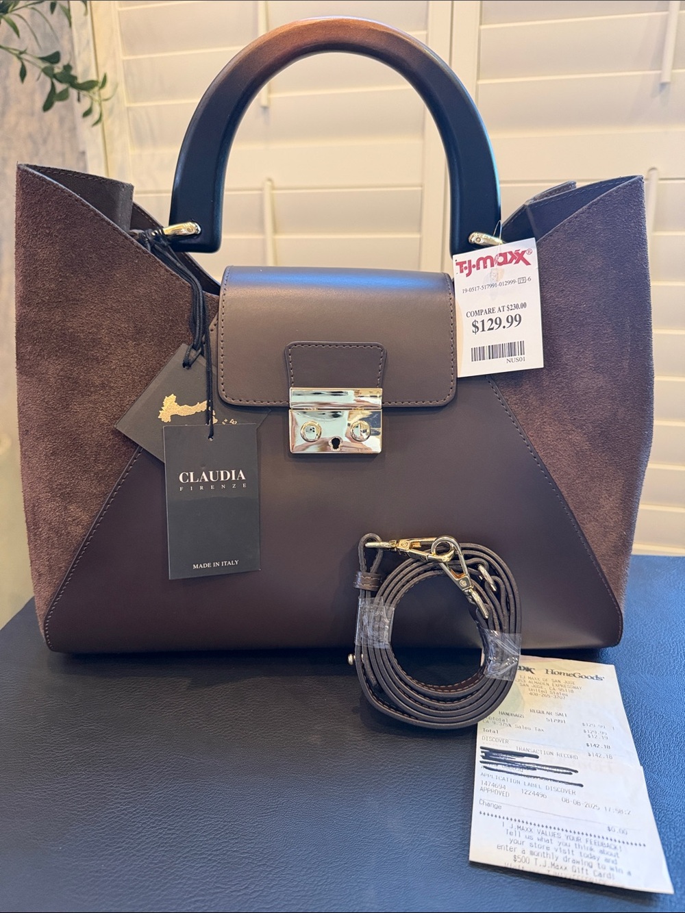 Claudia Firenze Brown Suede & Leather wood Handle Satchel NWT Made in 🇮🇹